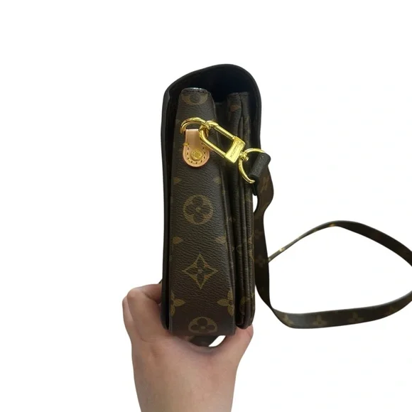 Designer Inspired Monogram Print Flap Crossbody Bag Gold Hardware Faux Leather - Picture 7 of 7